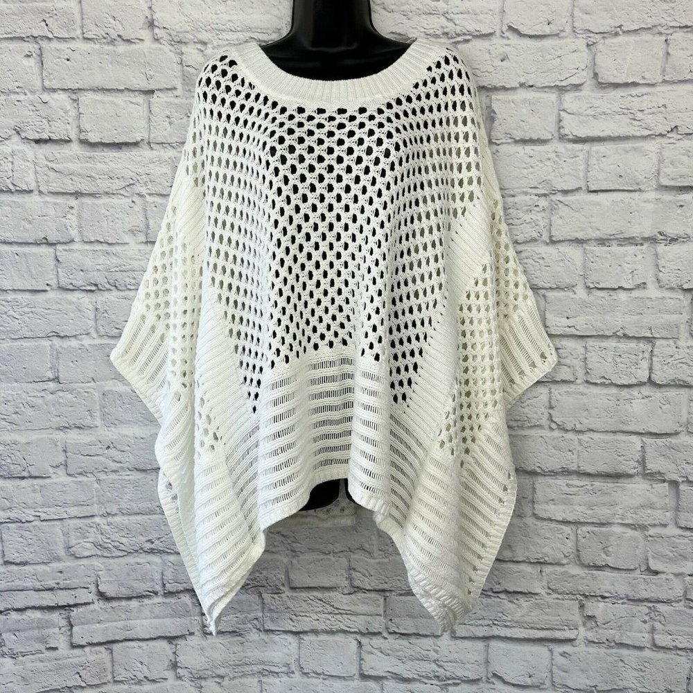 Chico's Boho Crochet Poncho Top L/XL White 100% Cotton Crew Neck Resort Wear